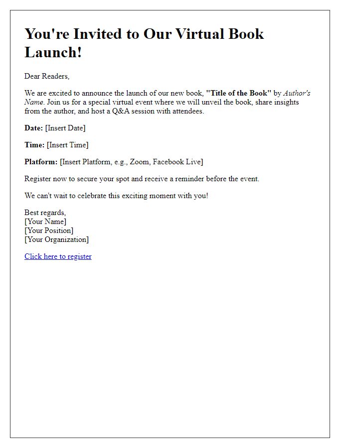 Letter template of announcement for a virtual book launch