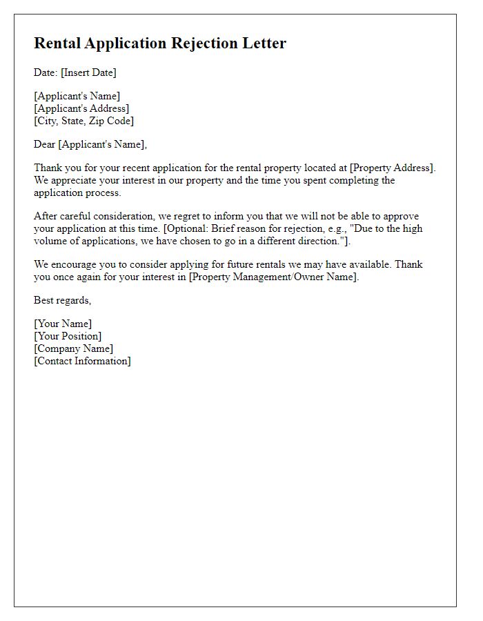 Letter template of rental application rejection letter