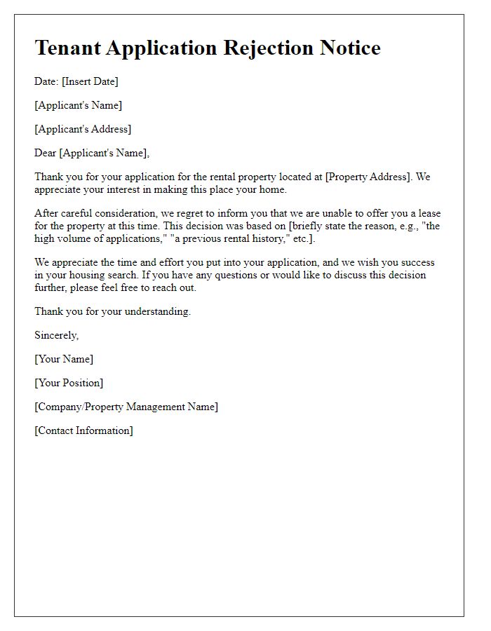 Letter template of tenant application rejection notice