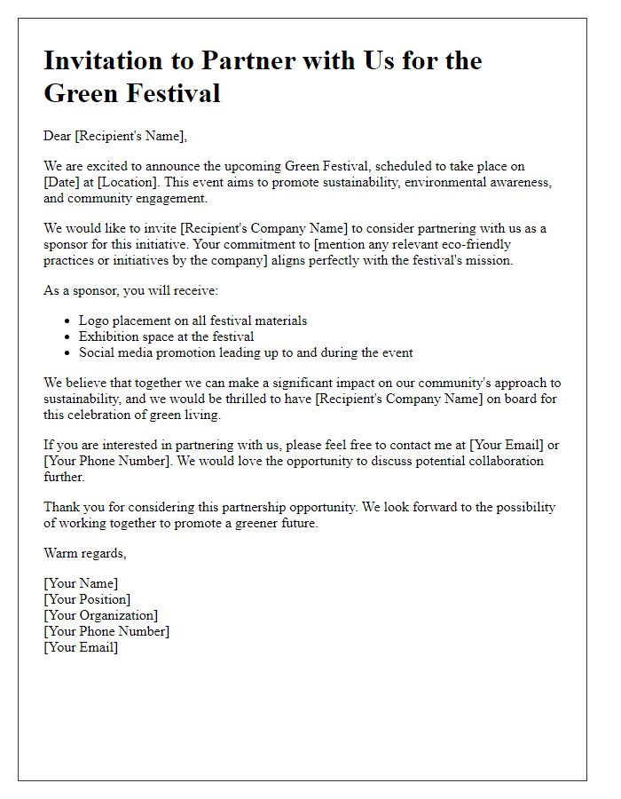 Letter template of partnership invitation for green festival sponsorship