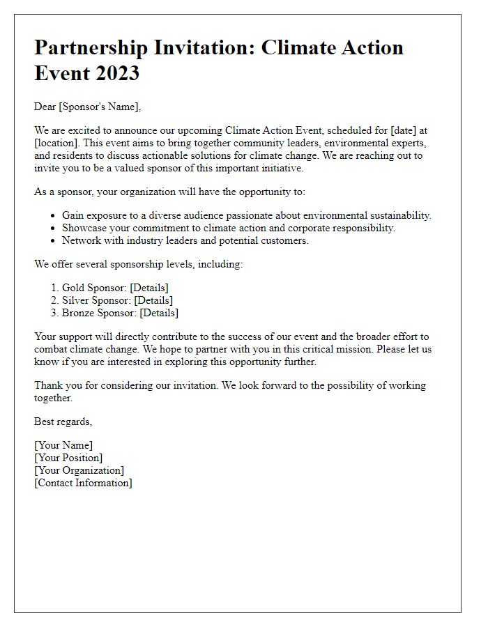 Letter template of sponsorship opportunity for a climate action event