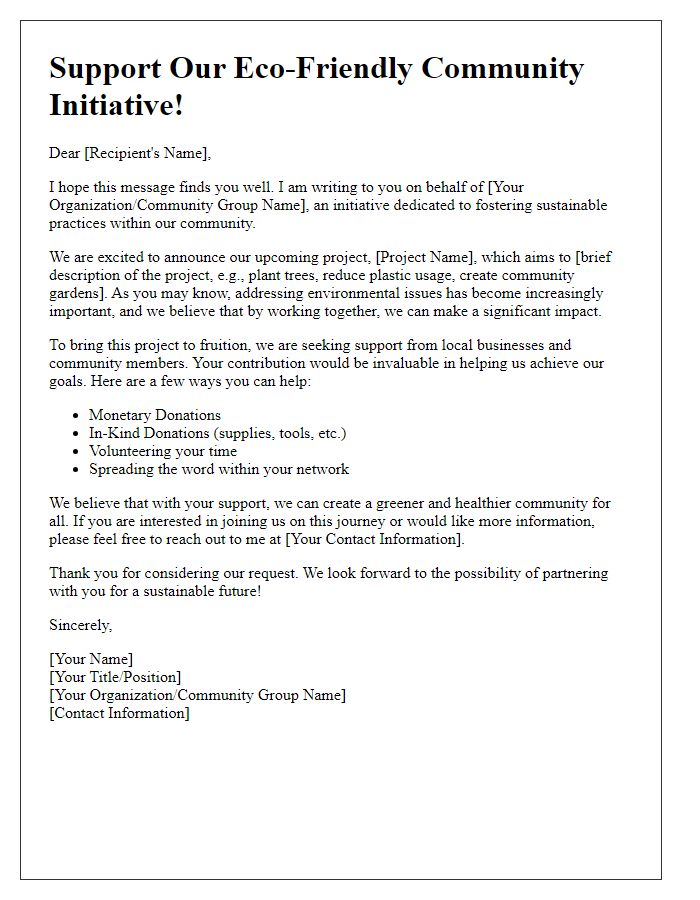 Letter template of support solicitation for eco-friendly community initiative