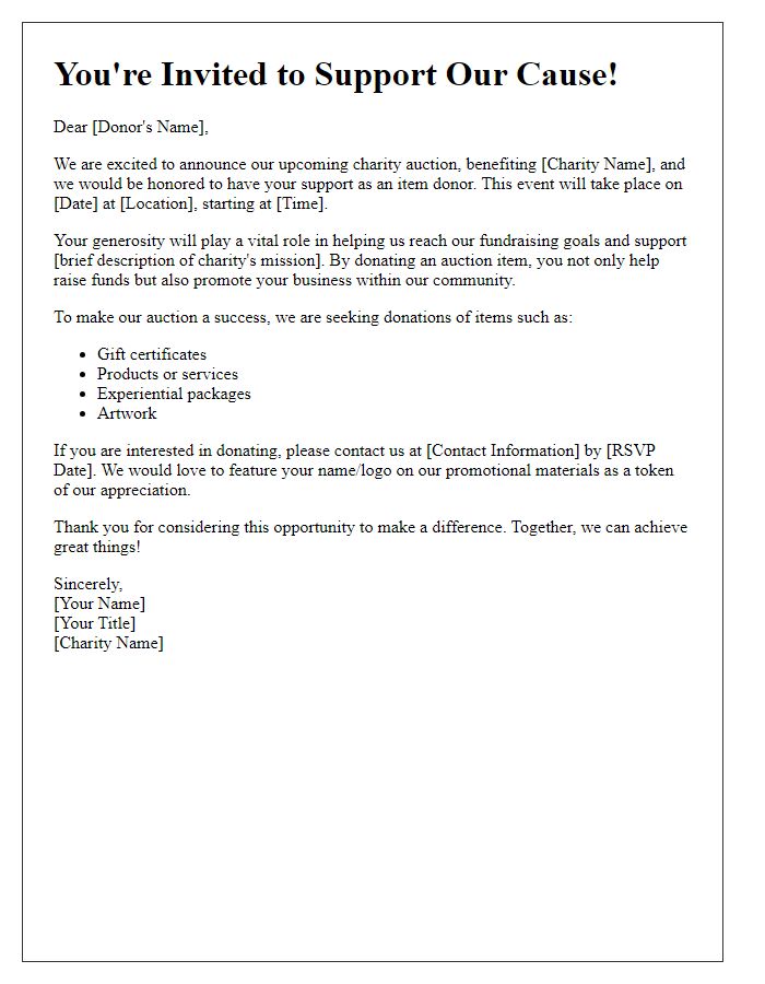 Letter template of charity auction invitation for auction item donors