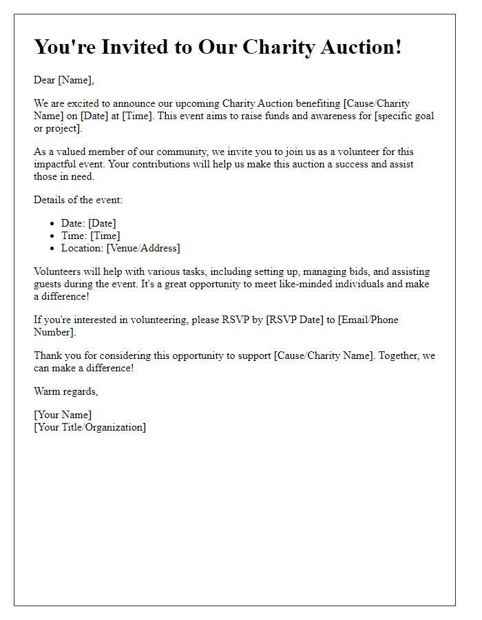 Letter template of charity auction invitation for volunteer recruitment