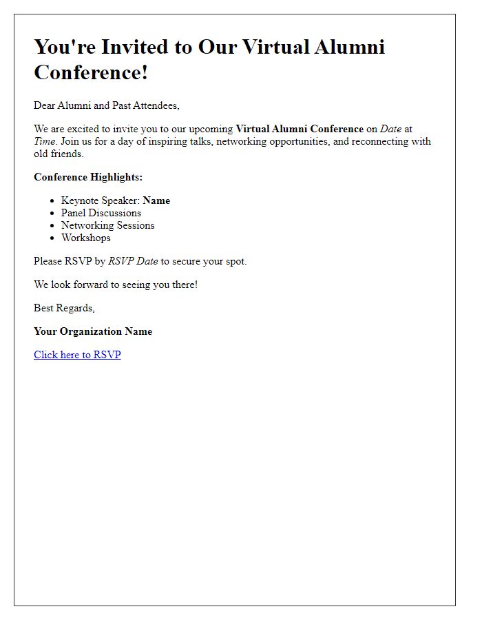 Letter template of a virtual conference invitation for alumni and past attendees