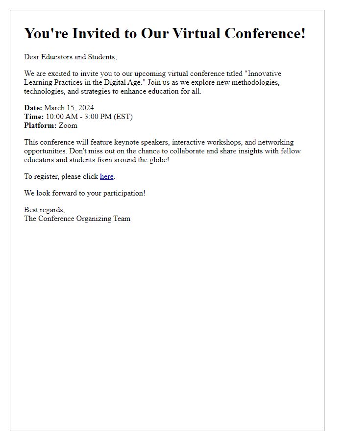 Letter template of a virtual conference invitation for educators and students