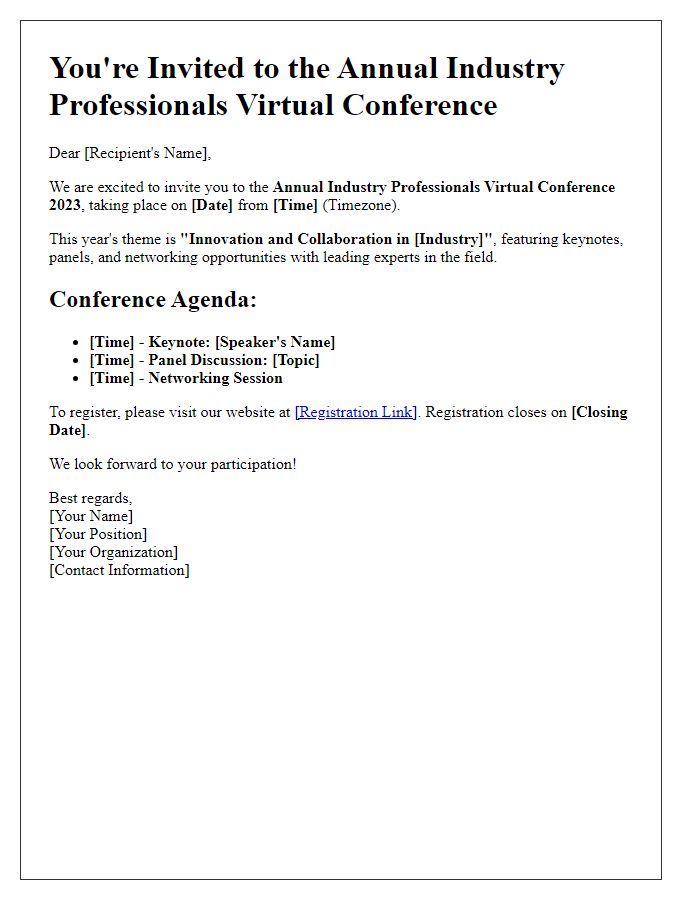 Letter template of a virtual conference invitation for industry professionals