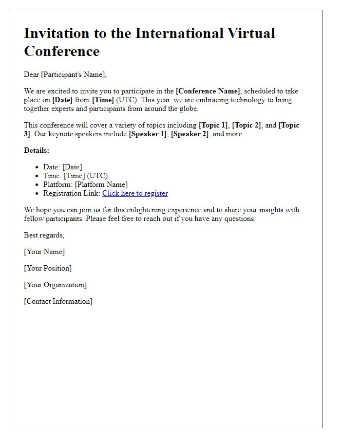 Letter template of a virtual conference invitation for international participants