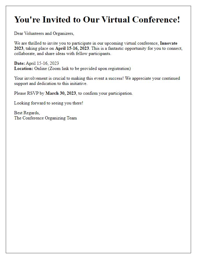 Letter template of a virtual conference invitation for volunteers and organizers