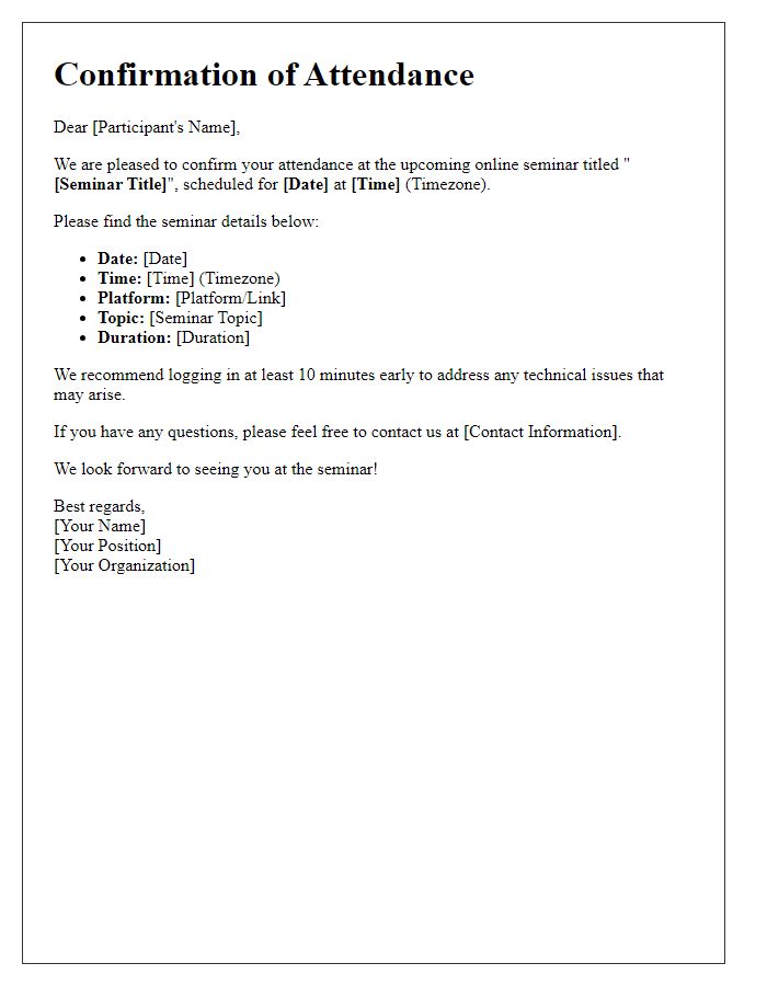 Letter template of confirmation for online seminar attendance