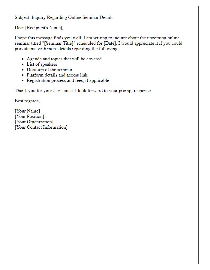 Letter template of inquiry regarding online seminar details