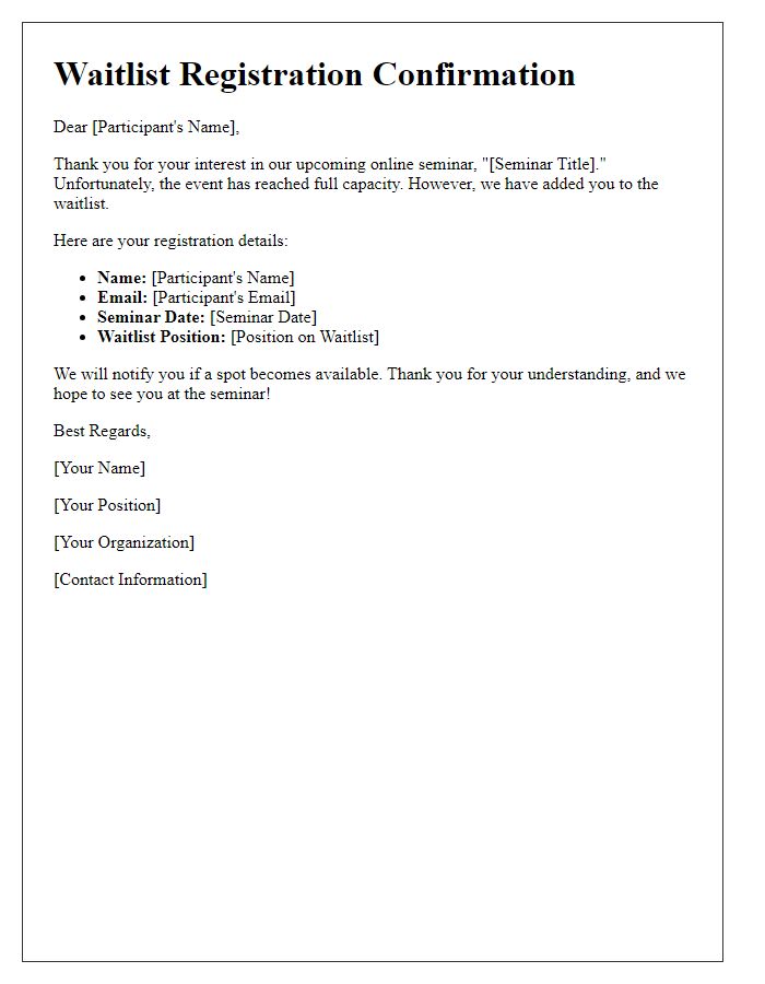 Letter template of registration for online seminar waitlist