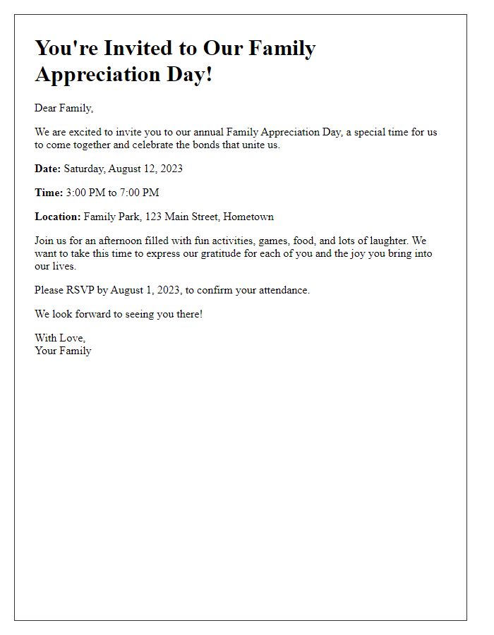 Letter template of family appreciation day invitation