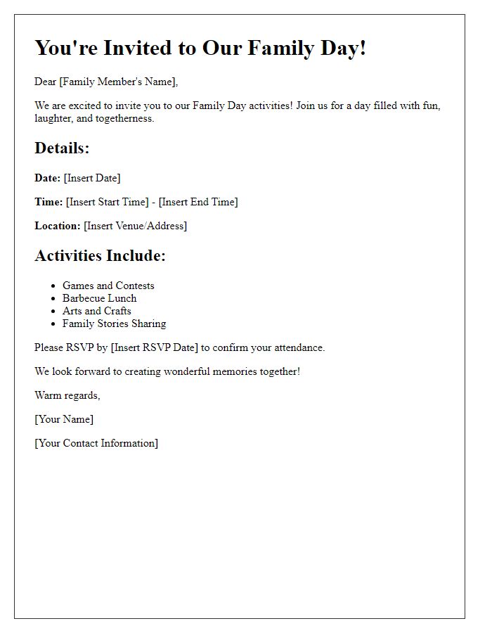 Letter template of family day activities invitation