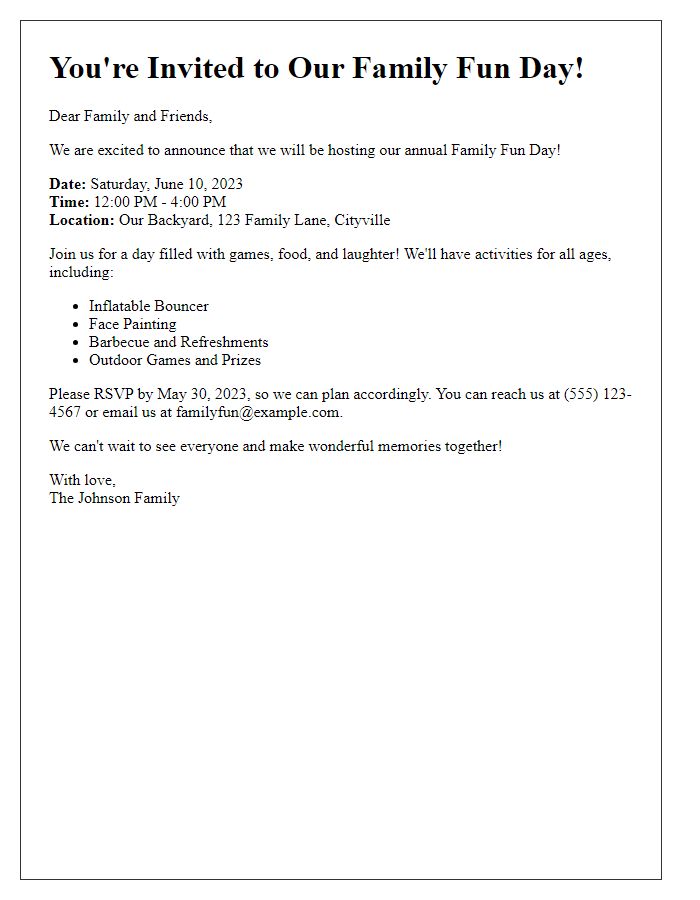 Letter template of family fun day gathering announcement