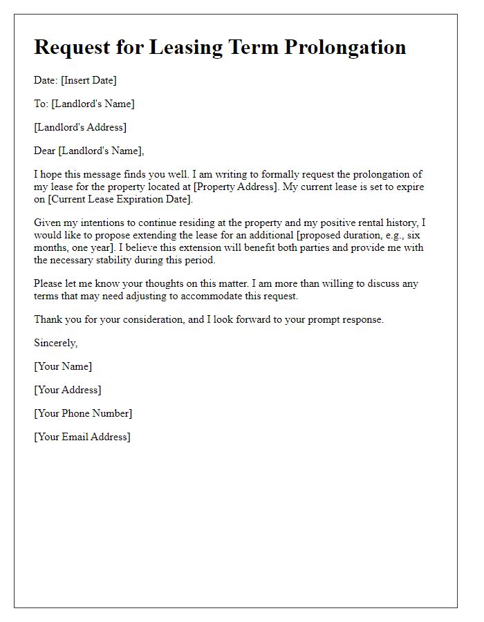 Letter template of leasing term prolongation request from tenant.