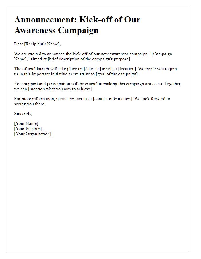 Letter template of announcement for awareness campaign kick-off.