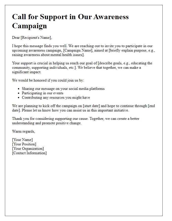 Letter template of call for support in an awareness campaign.