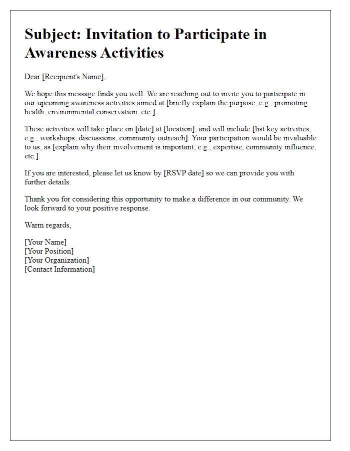 Letter template of outreach for participation in awareness activities.