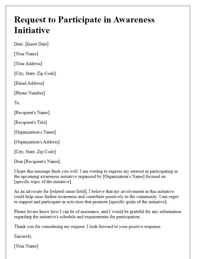 Letter template of request to participate in an awareness initiative.