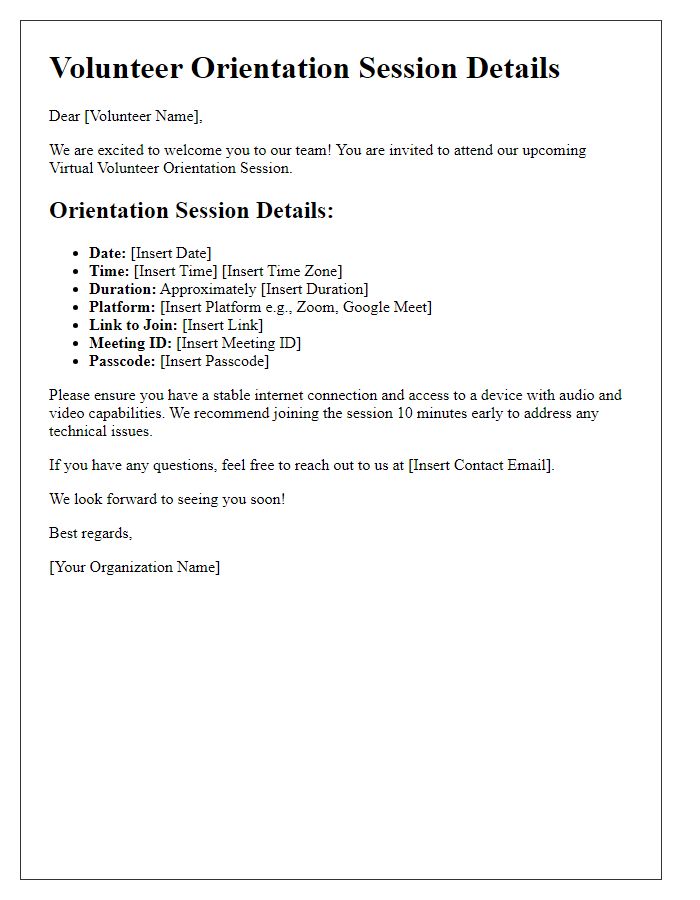 Letter template of details for virtual volunteer orientation session