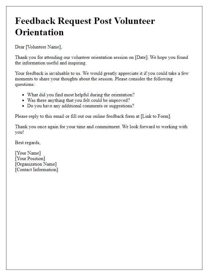 Letter template of feedback request post volunteer orientation session