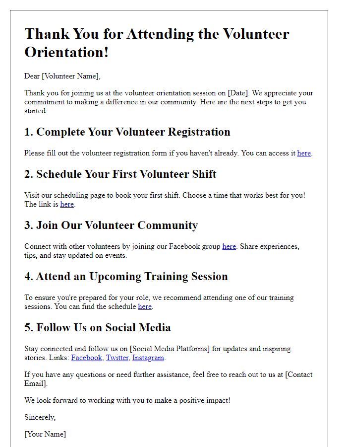 Letter template of next steps after volunteer orientation session