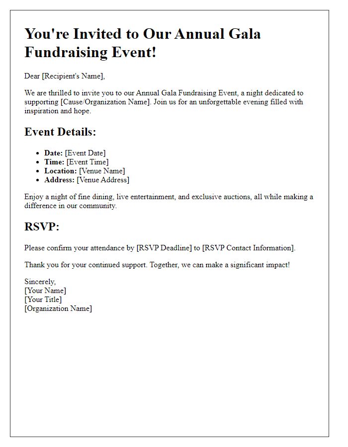 Letter template of event details for gala fundraising campaign