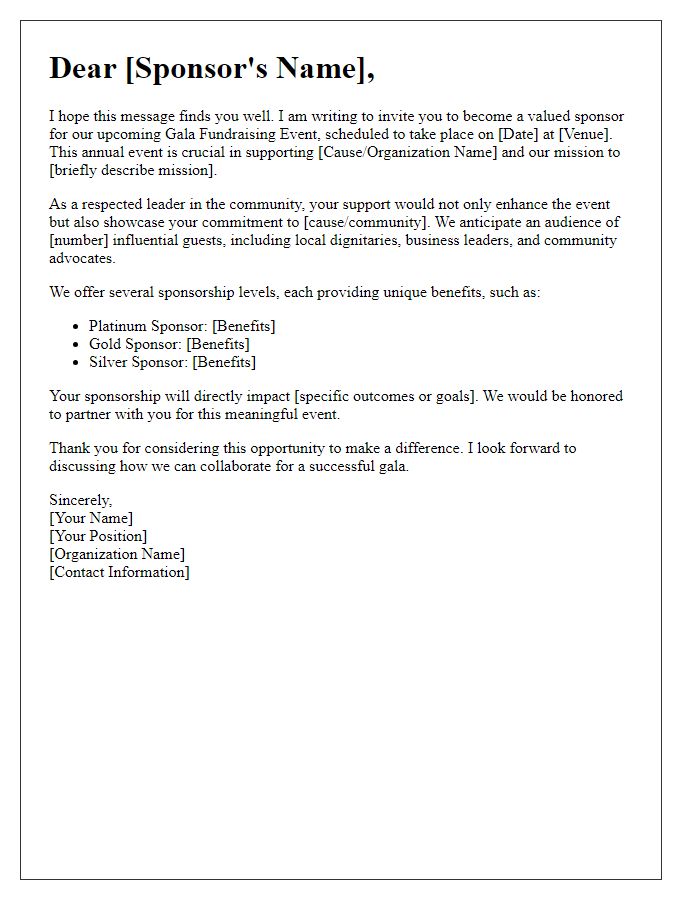 Letter template of sponsorship appeal for gala fundraising