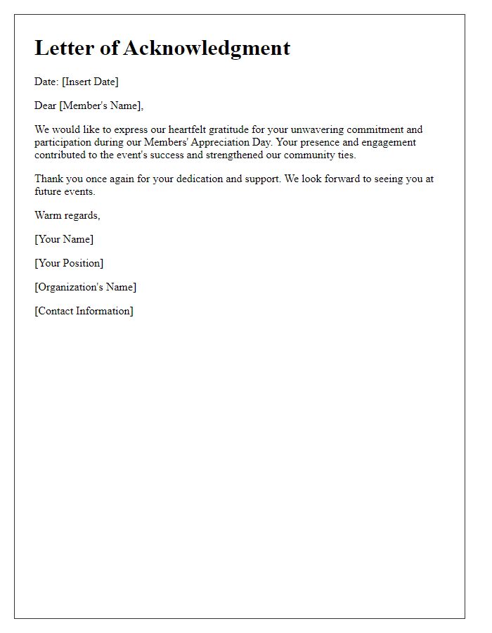 Letter template of acknowledgment for your commitment at the members' appreciation day