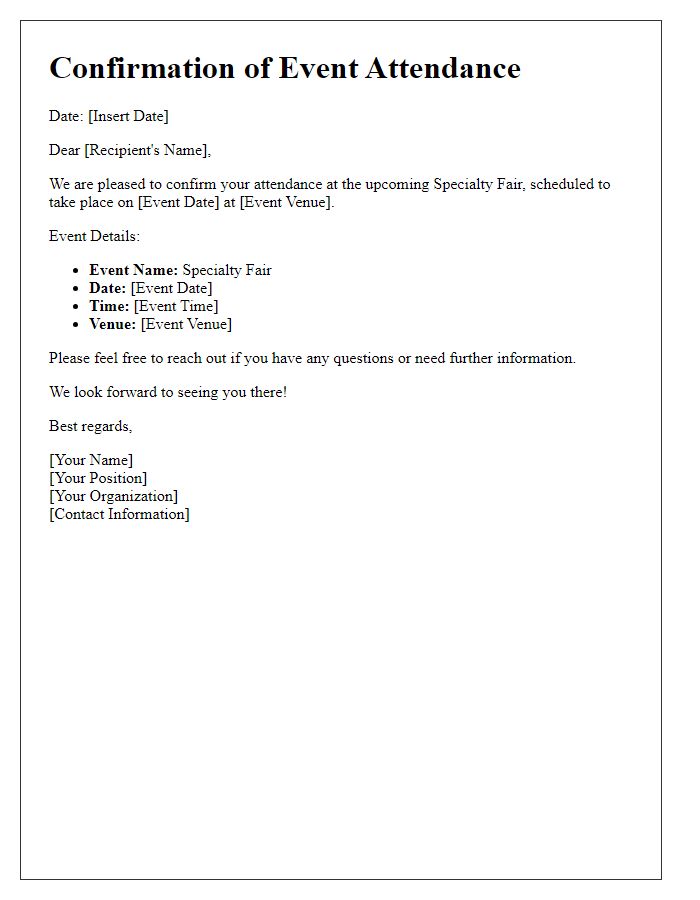 Letter template of confirmation for specialty fair attendance.