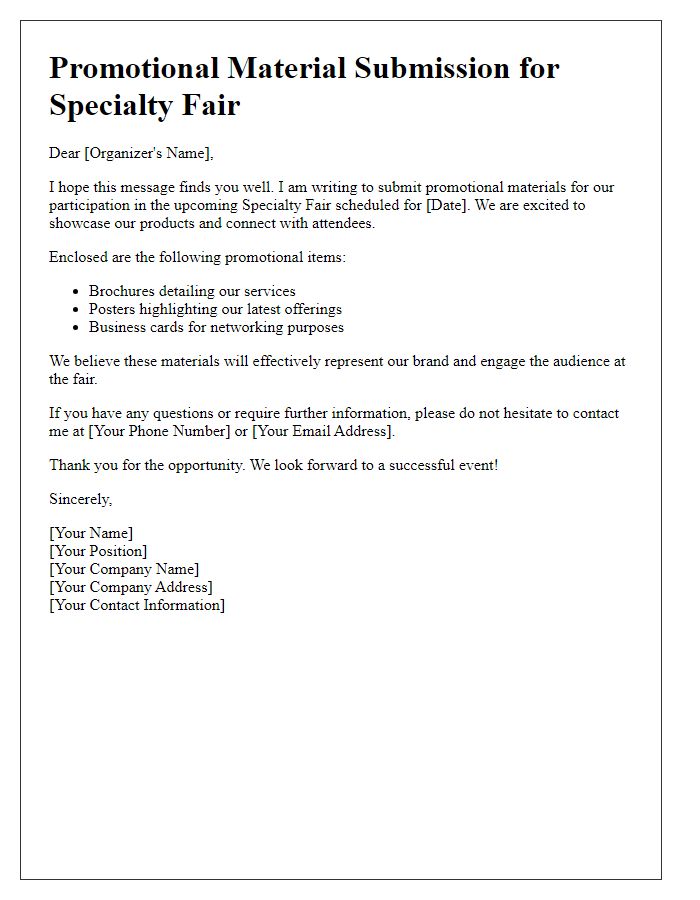 Letter template of promotional material submission for specialty fair.