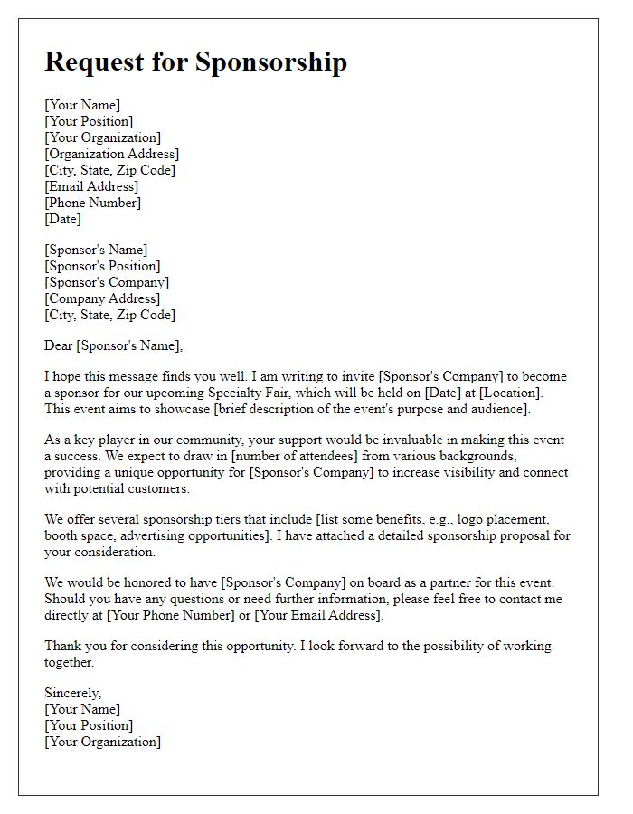 Letter template of sponsorship request for specialty fair.