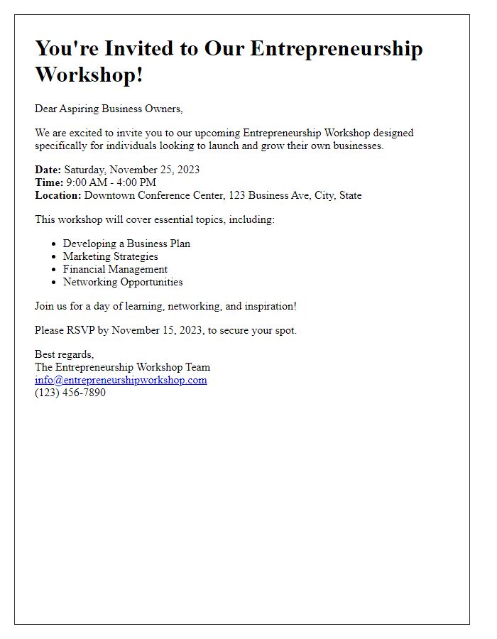 Letter template of invitation to entrepreneurship workshop for aspiring business owners.