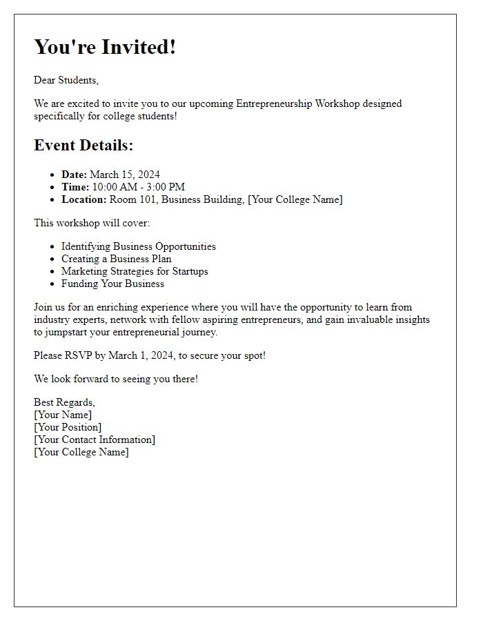 Letter template of invitation to entrepreneurship workshop for college students.