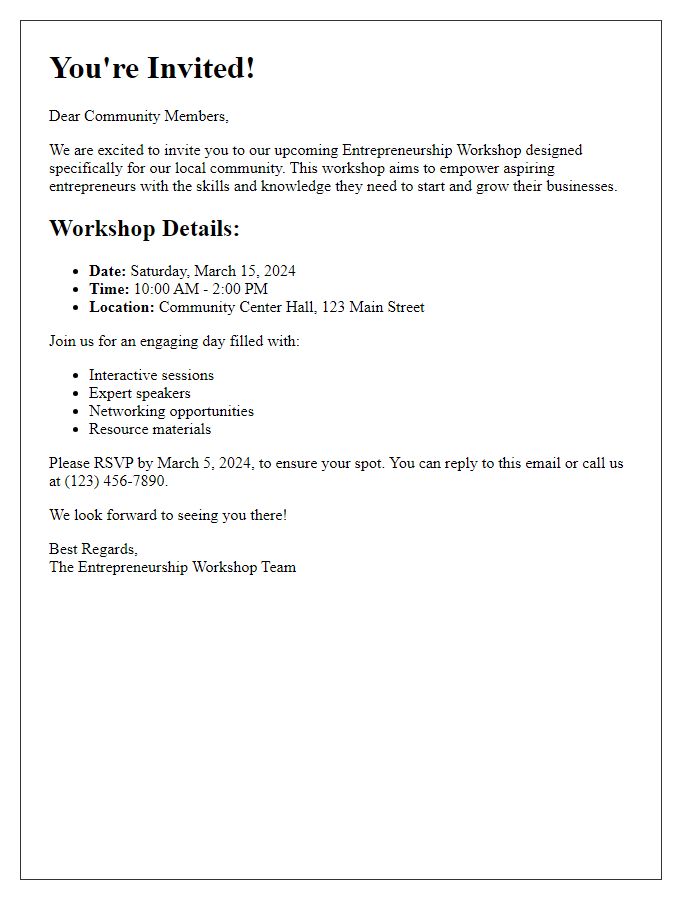 Letter template of invitation to entrepreneurship workshop for local community members.