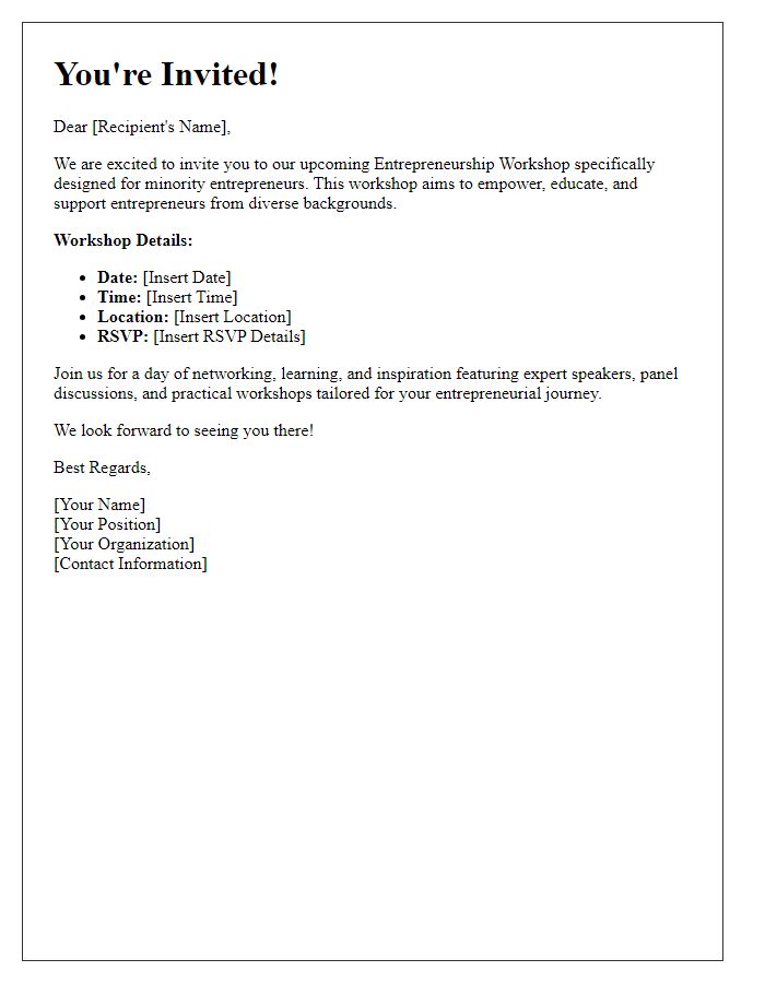 Letter template of invitation to entrepreneurship workshop for minority entrepreneurs.