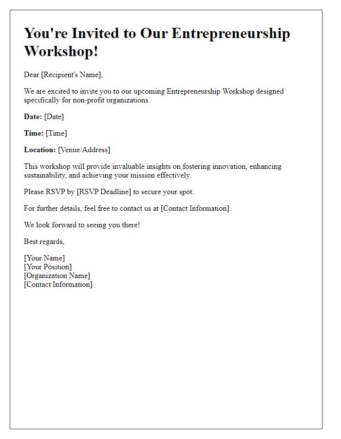 Letter template of invitation to entrepreneurship workshop for non-profit organizations.