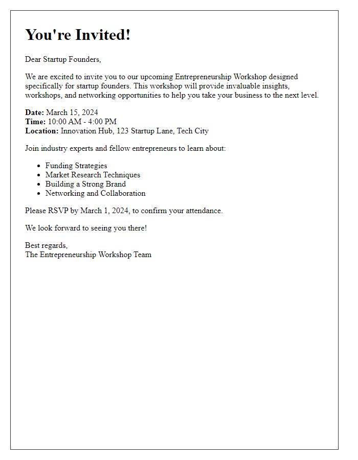 Letter template of invitation to entrepreneurship workshop for startup founders.