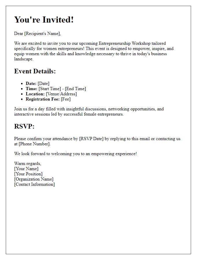 Letter template of invitation to entrepreneurship workshop for women entrepreneurs.