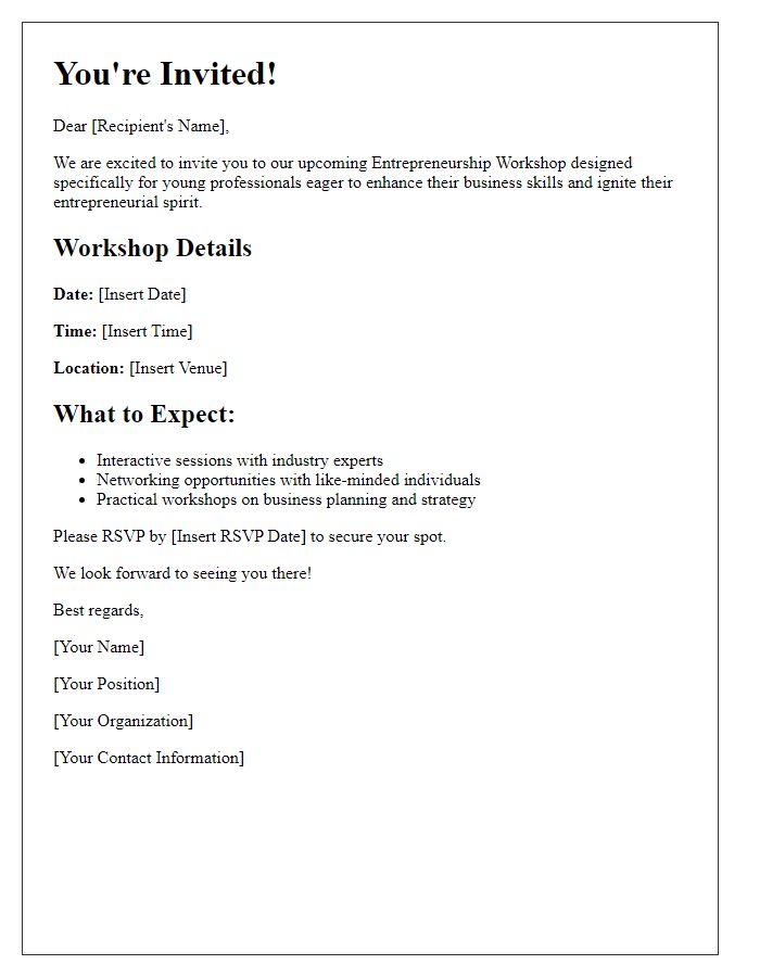 Letter template of invitation to entrepreneurship workshop for young professionals.