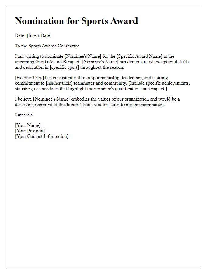 Letter template of nomination for sports award banquet