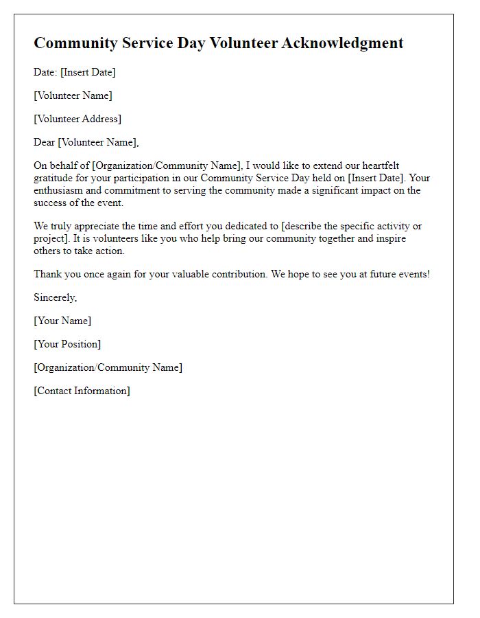 Letter template of acknowledgment for community service day volunteers