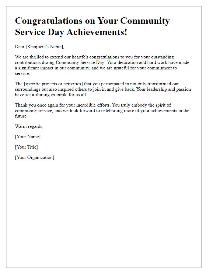 Letter template of congratulations for community service day achievements