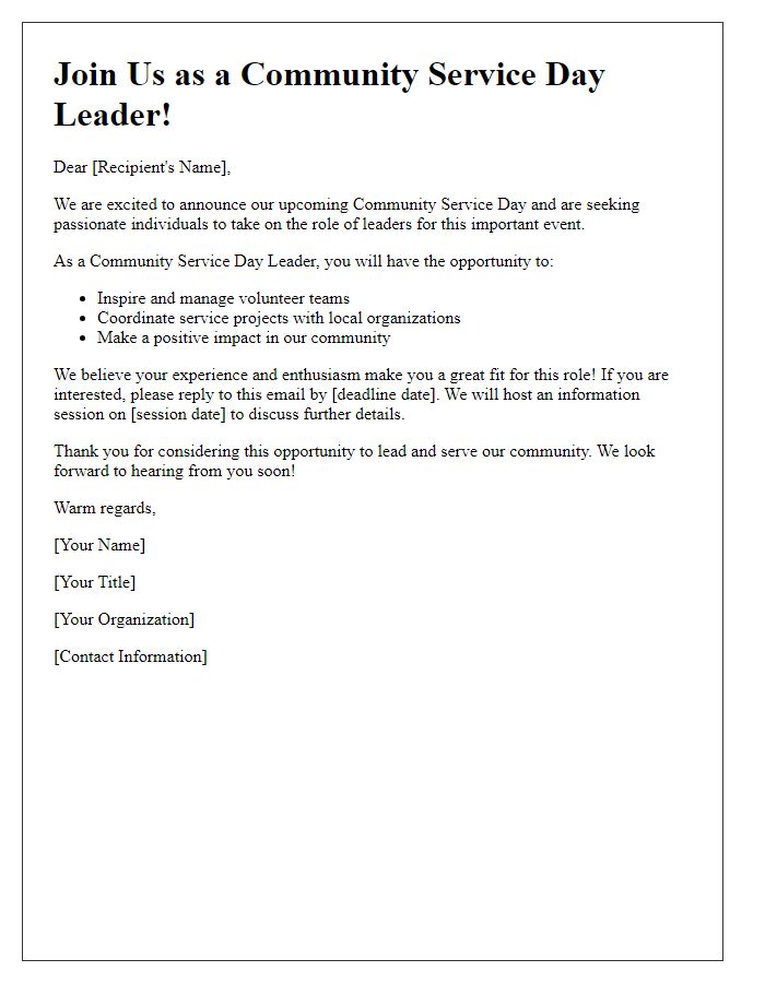 Letter template of recruitment for community service day leaders