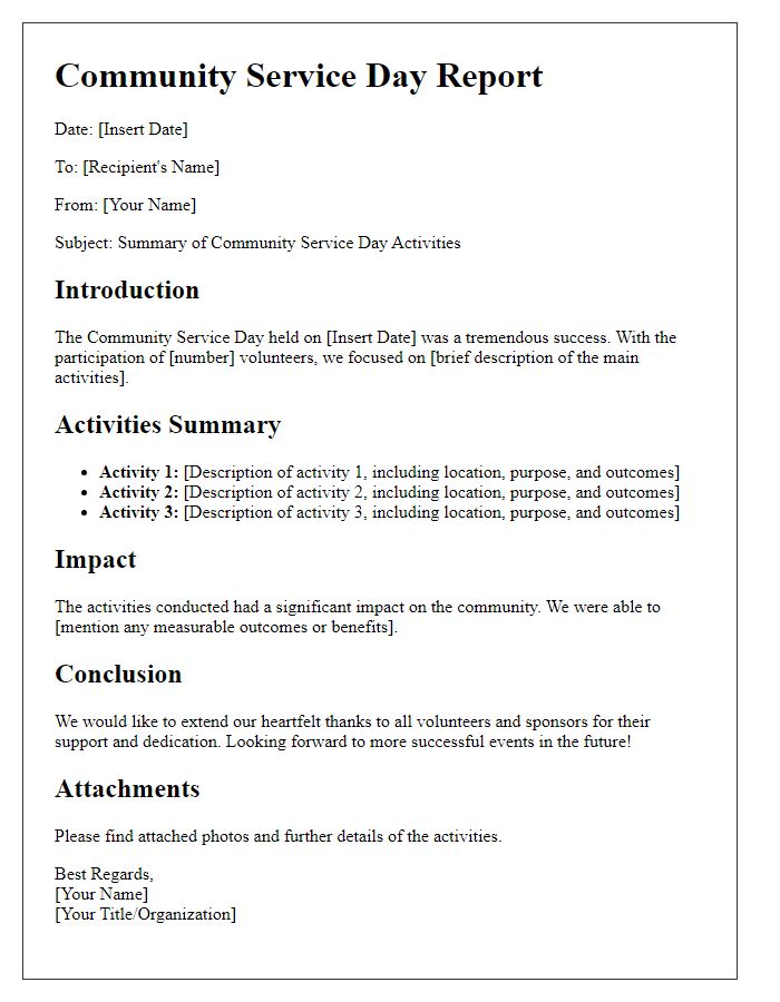 Letter template of report summarizing community service day activities