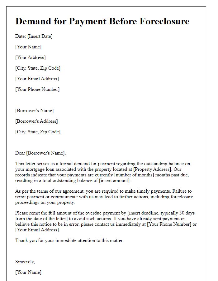 Letter template of Demand for Payment Before Foreclosure