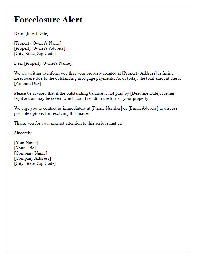 Letter template of Foreclosure Alert for Property Owner