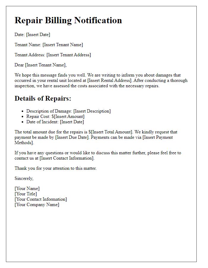 Letter template of billing for tenant damage repairs