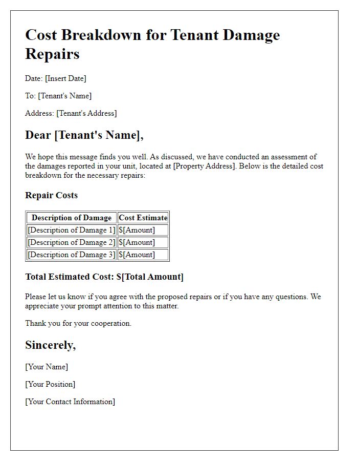 Letter template of cost breakdown for tenant damage repairs